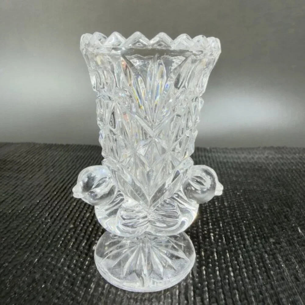 Vintage Hofbauer Clear Lead Crystal Bird‎ Mini Vase Toothpick Holder Birds VTG